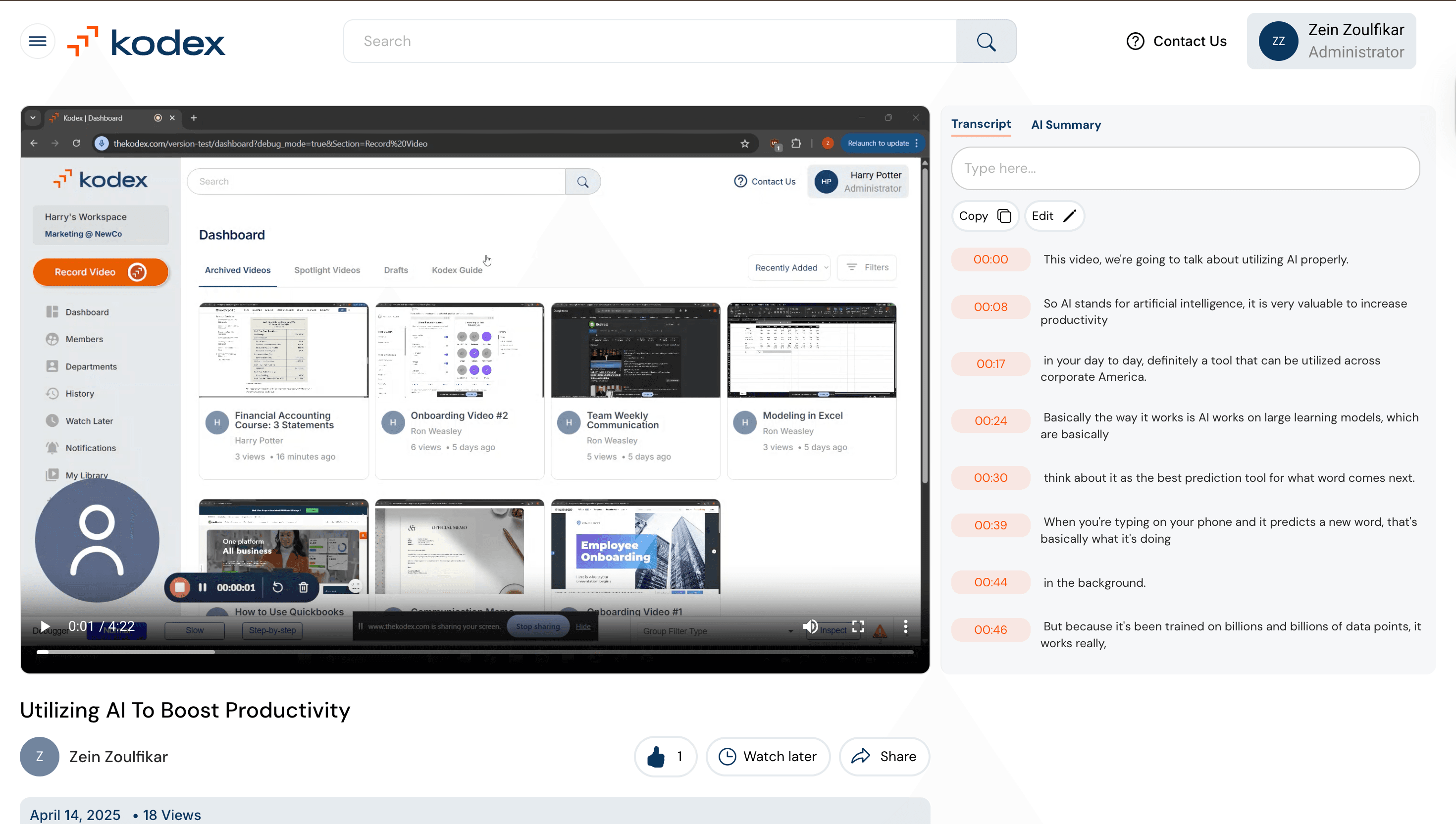 Kodex video player and transcript