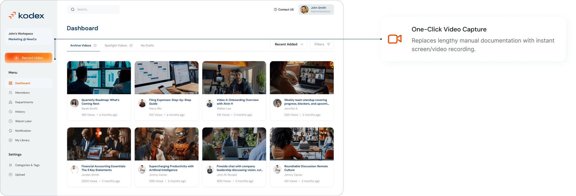 One-click video capture on the Kodex dashboard