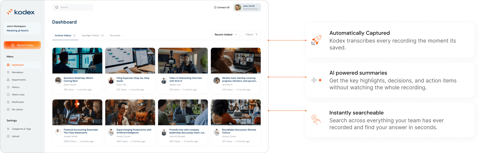 Kodex dashboard with automatic capture, AI summaries, and instant search